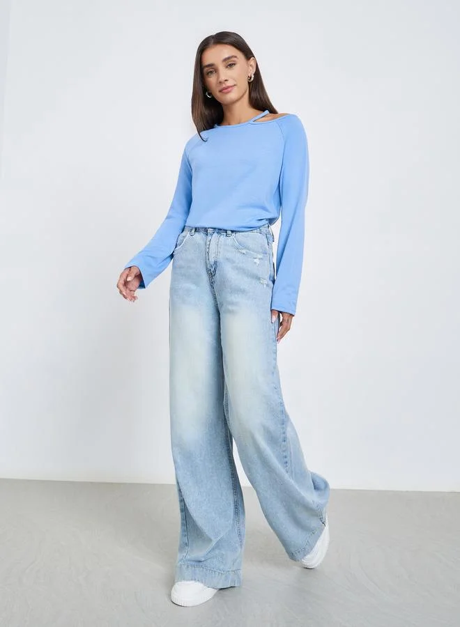 Styli Blue Long Sleeve Cutout Shoulder T-Shirt