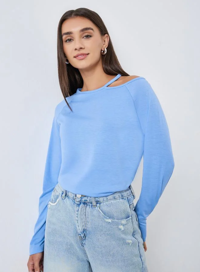 Styli Blue Long Sleeve Cutout Shoulder T-Shirt