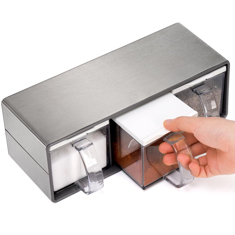 ZENFUN 3 Grids Seasoning Organizer Box, Stainless Steel Salt Container with Lid and Spoon, Seasoning Containers with Stainless Steel Rack for Home, Kitchen, Cafe, Storing Salt, Sugar, Pepper, Spice - Image 4