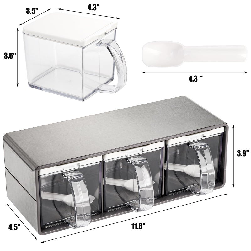 ZENFUN 3 Grids Seasoning Organizer Box, Stainless Steel Salt Container with Lid and Spoon, Seasoning Containers with Stainless Steel Rack for Home, Kitchen, Cafe, Storing Salt, Sugar, Pepper, Spice - Image 2