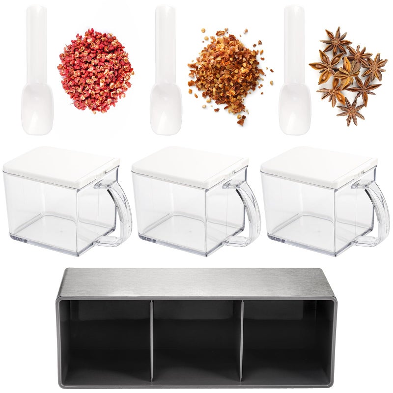 ZENFUN 3 Grids Seasoning Organizer Box, Stainless Steel Salt Container with Lid and Spoon, Seasoning Containers with Stainless Steel Rack for Home, Kitchen, Cafe, Storing Salt, Sugar, Pepper, Spice - Image 5