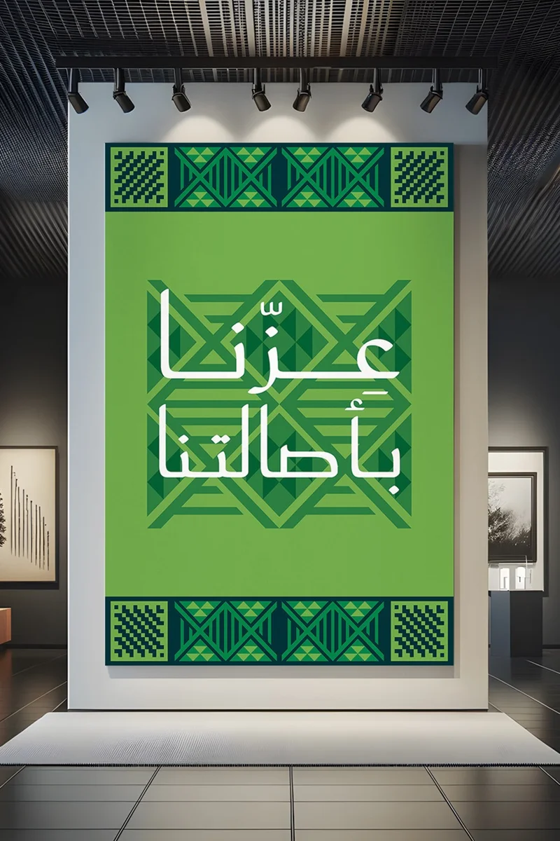 لوحة لوحة كانفاس على إطار خشبي لليوم الوطني السعودي بتصميم عزنا بأصالتنا