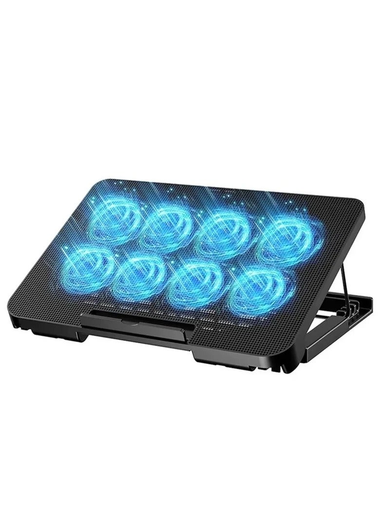 A8 Laptop Cooling Pad , Professional cooling base with 8 quiet LED fans for fast and efficient cooling, attractive RGB lighting, durable design, adjustable height for greater comfort during use, and 2 USB ports for easy device connection with on/off switch for fans - Ideal for work, study, and gaming, and fits various laptop sizes