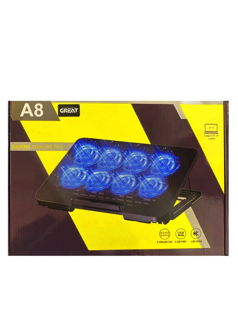 A8 Laptop Cooling Pad , Professional cooling base with 8 quiet LED fans for fast and efficient cooling, attractive RGB lighting, durable design, adjustable height for greater comfort during use, and 2 USB ports for easy device connection with on/off switch for fans - Ideal for work, study, and gaming, and fits various laptop sizes