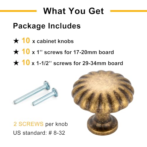 BEROSSA Antique Brass Cabinet Knobs Vintage Brass Drawer Knobs, 10 Pack 1-1/4 Inch, 2510 Single Hole Cabinet Pulls for Kitchen Cabinets Drawers Bedroom Dresser Cupboard Bathroom Vanity - Image 5