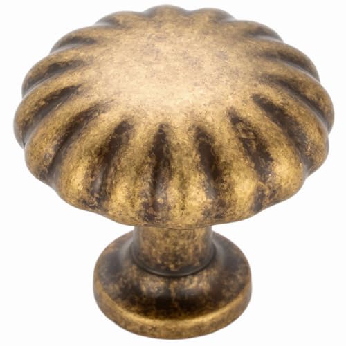 BEROSSA Antique Brass Cabinet Knobs Vintage Brass Drawer Knobs, 10 Pack 1-1/4 Inch, 2510 Single Hole Cabinet Pulls for Kitchen Cabinets Drawers Bedroom Dresser Cupboard Bathroom Vanity - Image 1