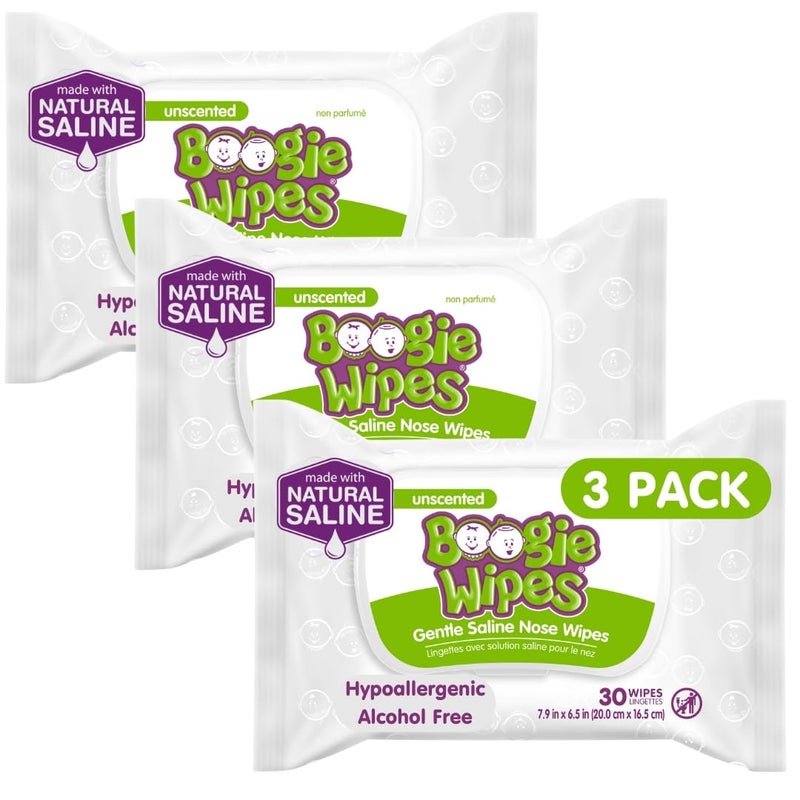Boogie Saline Nose Wipes by Boogie for Baby Kids Face Hand Body FSAHSA Eligible Made with Vitamin E Aloe and Natural Saline Unscented 30 Count Pack of 3