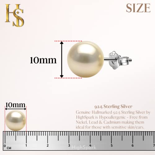 HIGHSPARK 925 Silver Classic Pearl Earrings for Women | 92.5 Sterling Silver & Brilliant Lustre Pearls | Lovely Gift for Women - Pearl Light Gold 10mm - Image 2