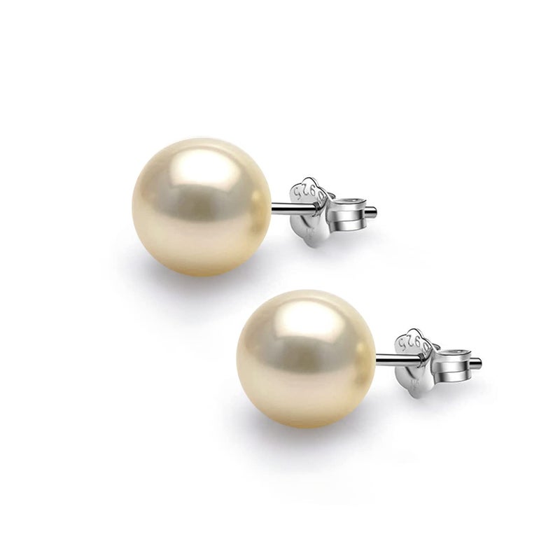 HIGHSPARK 925 Silver Classic Pearl Earrings for Women | 92.5 Sterling Silver & Brilliant Lustre Pearls | Lovely Gift for Women - Pearl Light Gold 10mm - Image 4