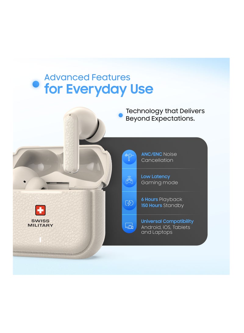 Swiss Military Victor RT75 PRO Active Noise Cancelling Earbuds - ENC & Transparency Mode, Hi-Res LDAC, Smart Touch Sensors, 180 Days Standby, 6Hr Music Time, Compatible with Android/iOS - Cream - Image 3