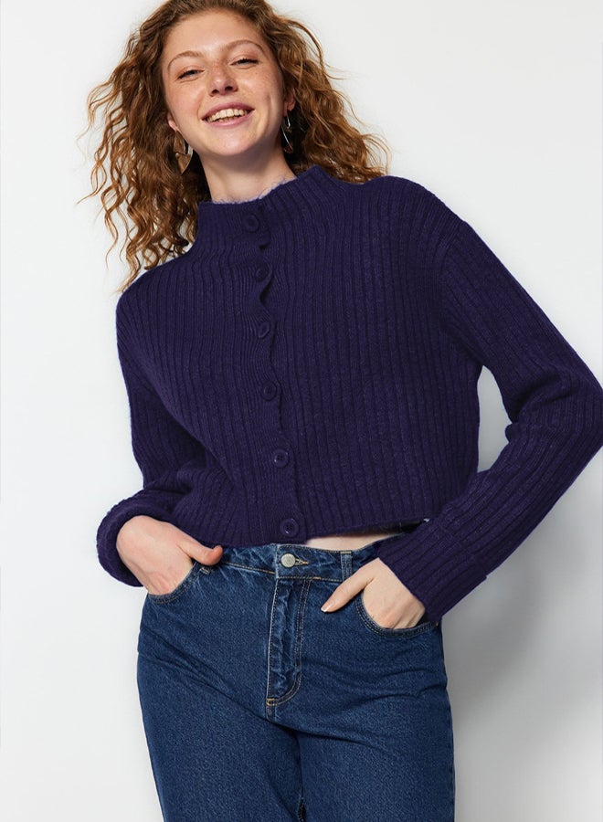 trendyol Navy Blue Crop Soft Textured Stand Collar Knitwear Cardigan - Image 1