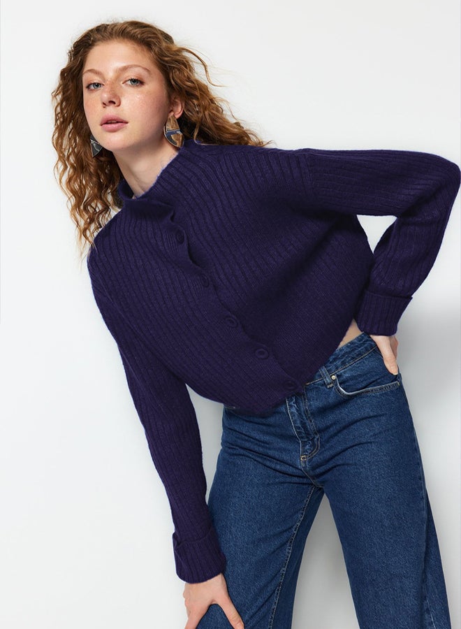 trendyol Navy Blue Crop Soft Textured Stand Collar Knitwear Cardigan - Image 3