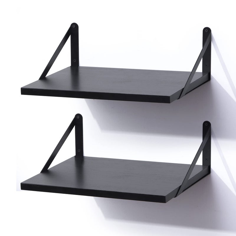 Marsmiles Black Floating Shelves for Wall 12 Inch Deep Wood Wall Mounted Shelves Set of 2 16W x 12D Wide Floating Wood Shelves for Bathroom Bedroom Kitchen Living Room Black