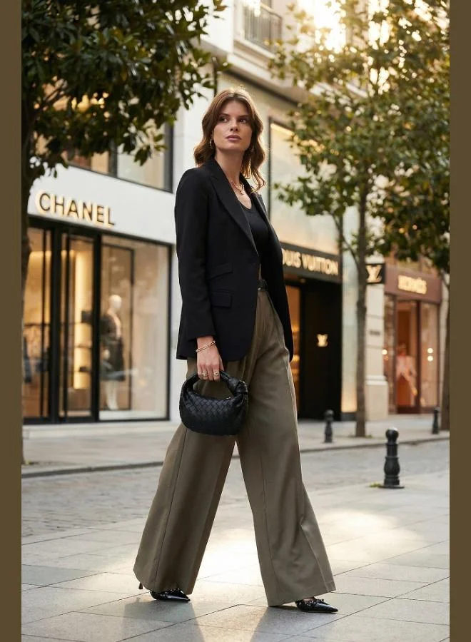 ليلا بنطلون بالازو نسائي بخصر عالٍ بحزام وكسرات واسعة الأرجل