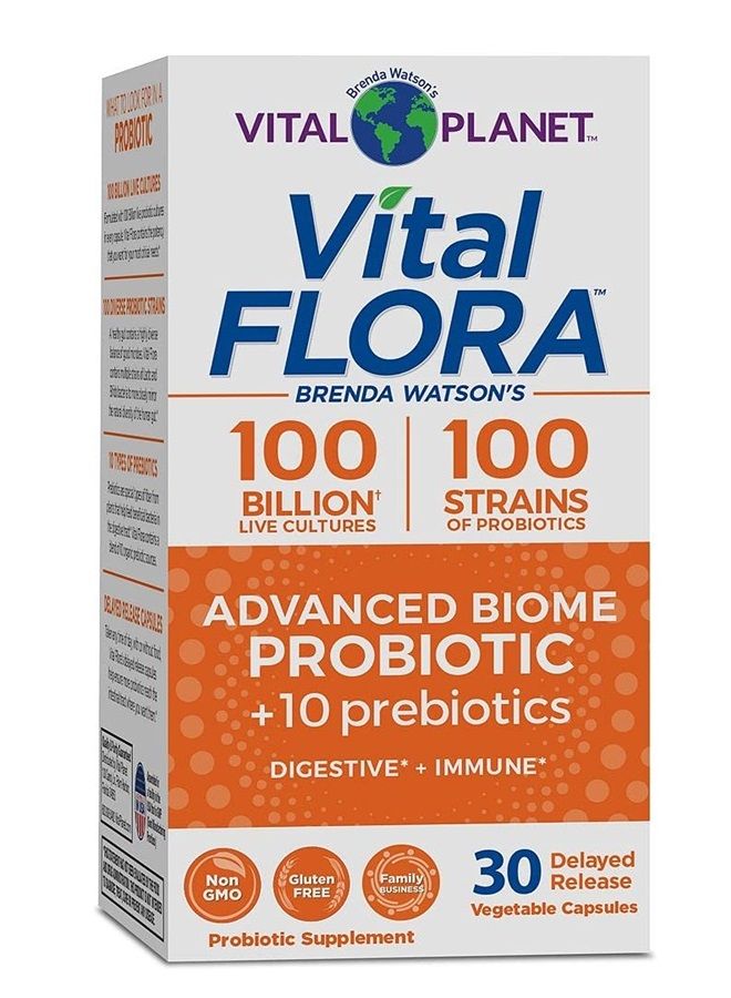 Vital Planet Vital Flora Advanced Probiotic 100 Billion Strains and Cultures, Digestive Support Probiotics for Women and Men with Organic Prebiotics 30 Capsules - Image 1