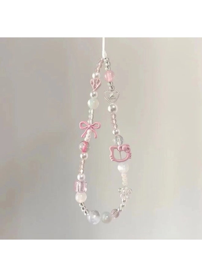 ShebSheb Kawaii Beaded Pearl Phone Charms Strap,Cute Bowknot Cell Phone Lanyard Wrist Strap  - Image 1