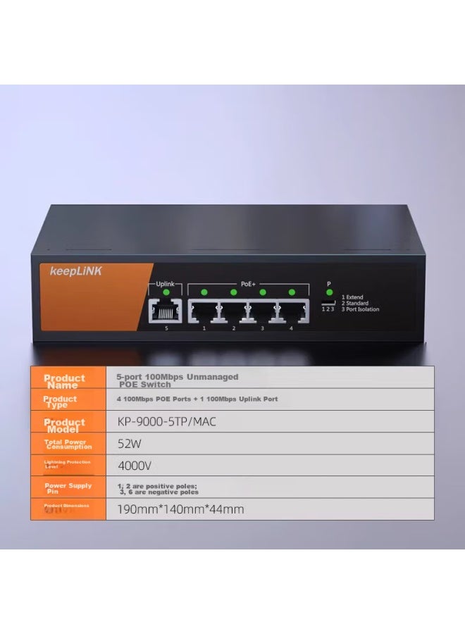 Keeplinkkp-9000 100mbps 5-port Poe Switch, Unmanaged Enterprise Engineering Monitoring Switch, 52w - Image 1