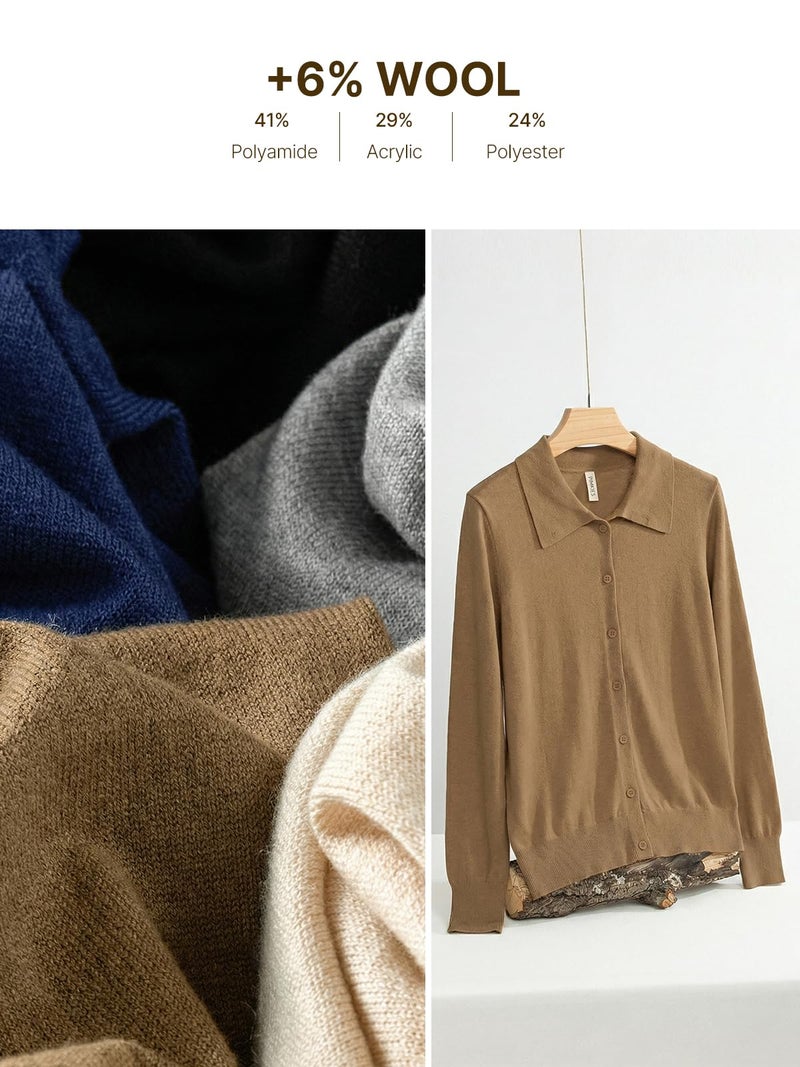 EVALESS Cardigan Sweaters for Women Lightweight Trendy Long Sleeve Lapel Collar Button Down Sweaters Spring 2026 Casual Soft Wool Blend Knit Cardigans Sweater Tops Medium Khaki Medium - Image 5