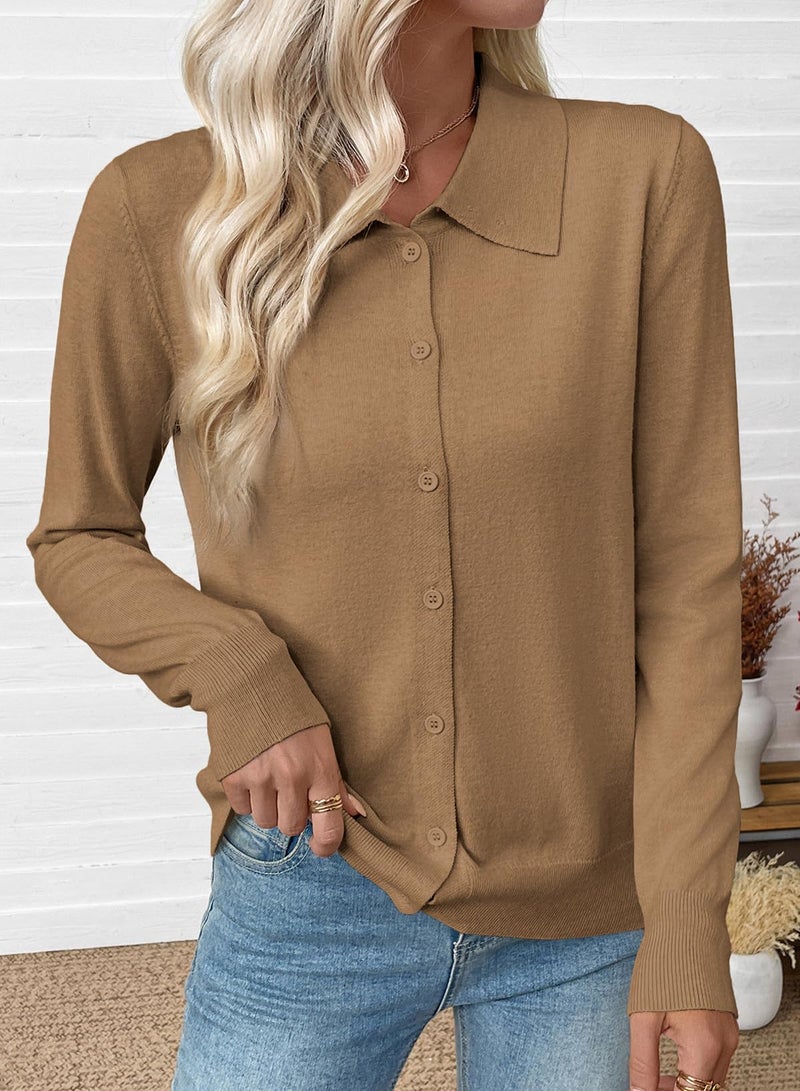 EVALESS Cardigan Sweaters for Women Lightweight Trendy Long Sleeve Lapel Collar Button Down Sweaters Spring 2026 Casual Soft Wool Blend Knit Cardigans Sweater Tops Medium Khaki Medium - Image 3
