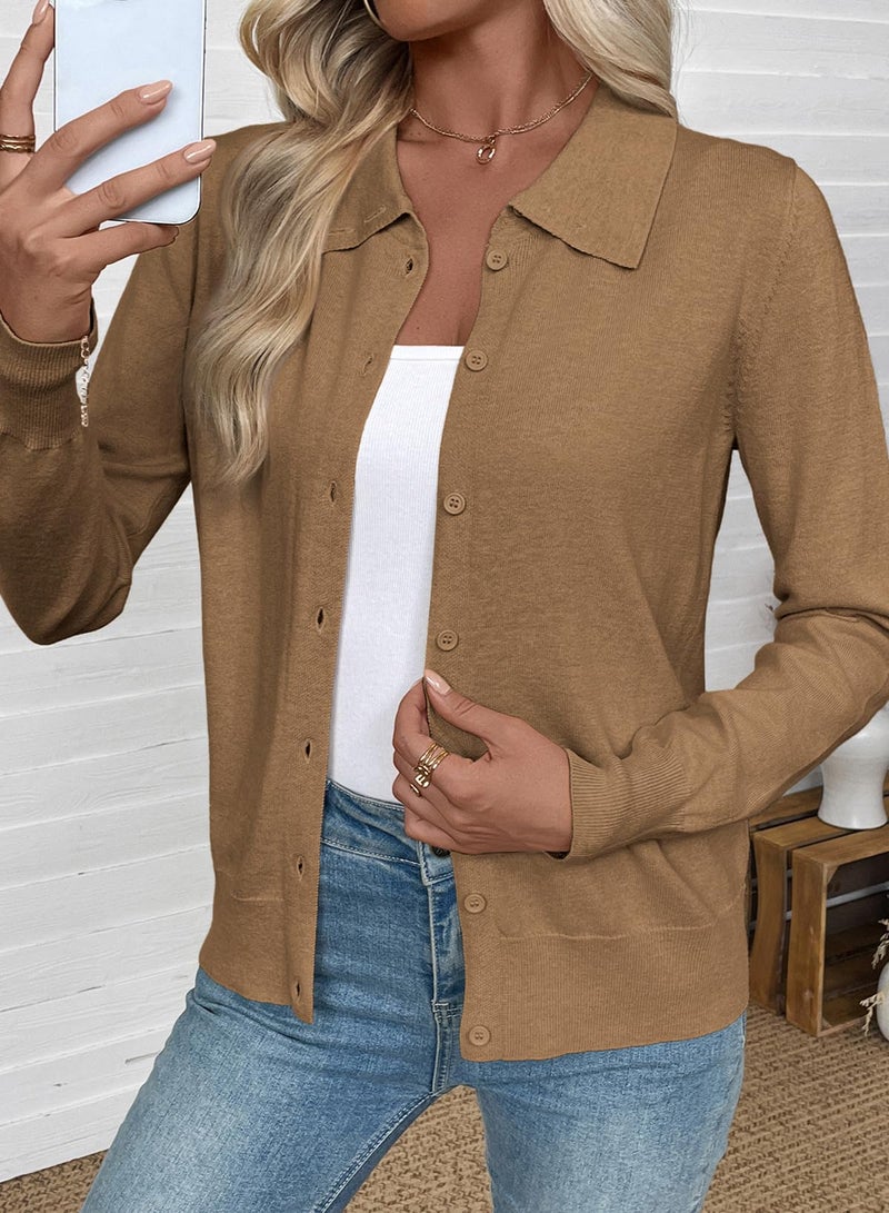 EVALESS Cardigan Sweaters for Women Lightweight Trendy Long Sleeve Lapel Collar Button Down Sweaters Spring 2026 Casual Soft Wool Blend Knit Cardigans Sweater Tops Medium Khaki Medium - Image 2