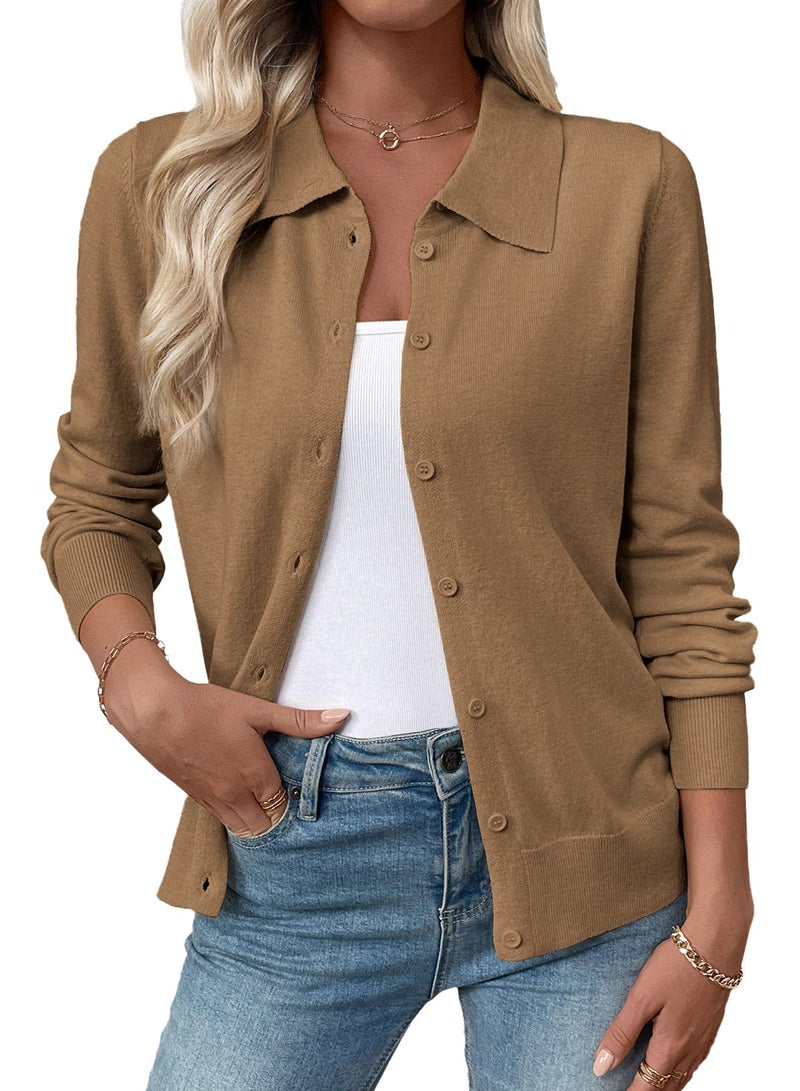 EVALESS Cardigan Sweaters for Women Lightweight Trendy Long Sleeve Lapel Collar Button Down Sweaters Spring 2026 Casual Soft Wool Blend Knit Cardigans Sweater Tops Medium Khaki Medium - Image 1