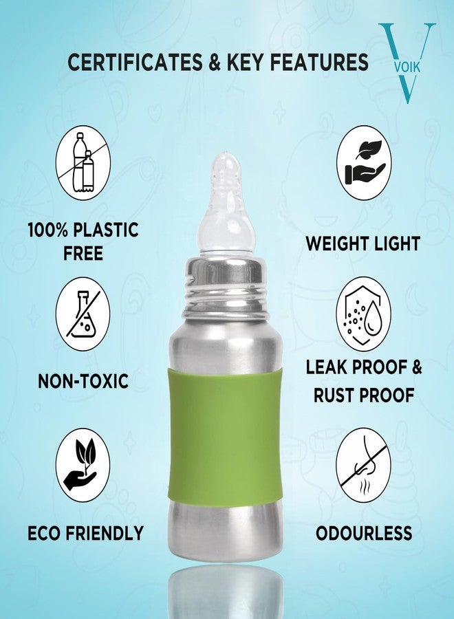 VOIK Baby Feeding Bottle 140ML in Green Color | Stainless Steel Simple Bottle | Hygienic Silicone Teat | Feeding Bottle for New Born Baby BPA Free - Image 5