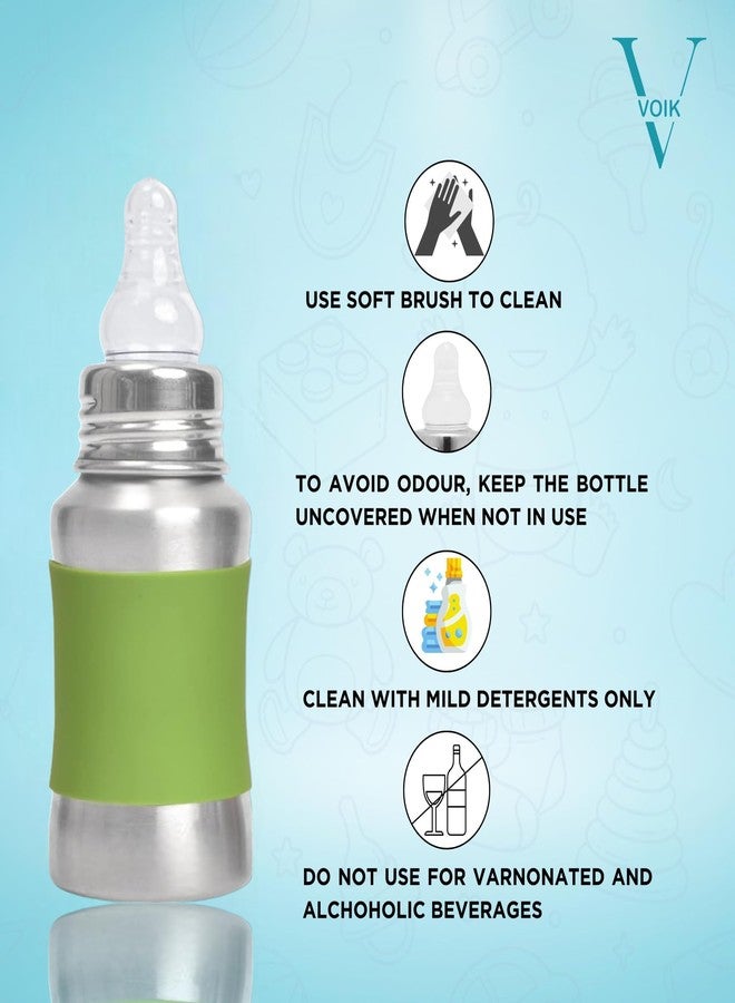 VOIK Baby Feeding Bottle 140ML in Green Color | Stainless Steel Simple Bottle | Hygienic Silicone Teat | Feeding Bottle for New Born Baby BPA Free - Image 3