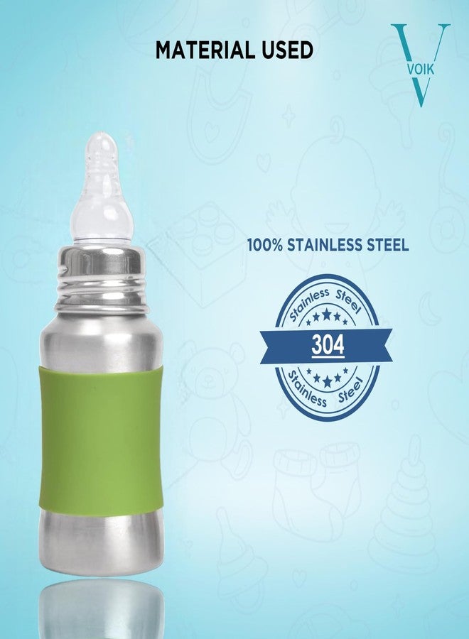 VOIK Baby Feeding Bottle 140ML in Green Color | Stainless Steel Simple Bottle | Hygienic Silicone Teat | Feeding Bottle for New Born Baby BPA Free - Image 2