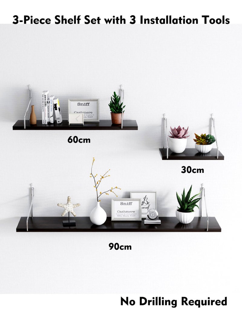 Old_Feller - 3-Piece Home Book Shelves Set Floating Shelves for Wall Hanging Wood Shelf Wooden Shelves with Metal Brackets Hanging Shelf Wall Organizers for Home  Black Color Free Installation Tool - Image 1