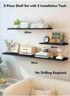 Old_Feller 3-Piece Home Book Shelves Set Floating Shelves for Wall Hanging Wood Shelf Wooden Shelves with Metal Brackets Hanging Shelf Wall Organizers for Home  Black Color Free Installation Tool  - Image 1