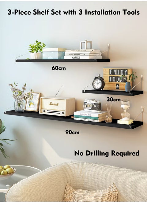 3-Piece Home Book Shelves Set Floating Shelves for Wall Hanging Wood Shelf Wooden Shelves with Metal Brackets Hanging Shelf Wall Organizers for Home  Black Color Free Installation Tool