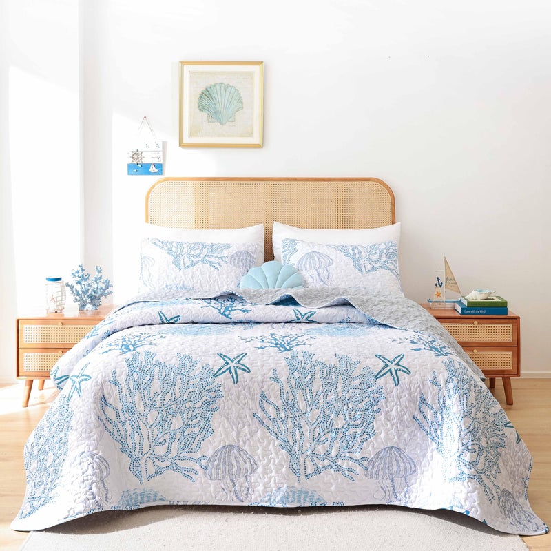 weigelia Coastal Quilts Bedding Set Queen Size - Blue Summer Nautical Bedding Quilt with Pillow Cases, Beach Reversible Quilt Set Bedspreads Coverlet Soft Lightweight Comforter - Image 1