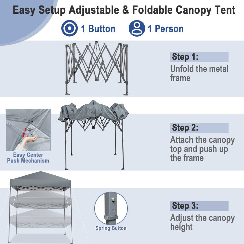 Tangkula 6.6x6.6 Ft Pop Up Canopy, 1 Person Instant Setup Canopy Tent with Center Lock, UPF 50+ Sun Protection, 8 Stakes, 4 Ropes, Portable Outdoor Canopy with Carrying Bag - Image 4