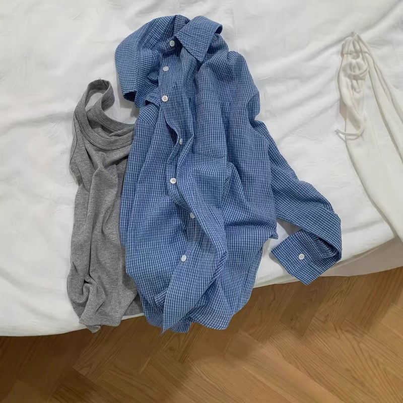 Women's Blue and White Checked Long Sleeve Blouse - Image 2