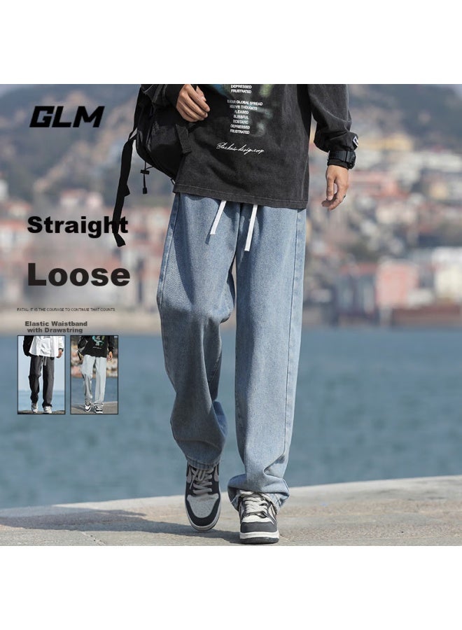 Glm Men's Fashion Casual Straight Wide-leg Korean Style All-match Jeans Blue L