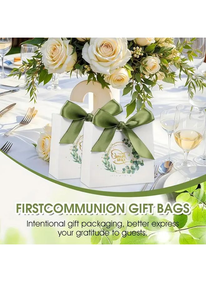 24 Elegant Green Forest Eucalyptus Leaf Gift Bags with Golden and White Ribbon for Weddings Birthdays and Teen Showers Thank You Paper Favor Boxes Multifunctional Celebration Pack with Holiday Decorations - Image 1