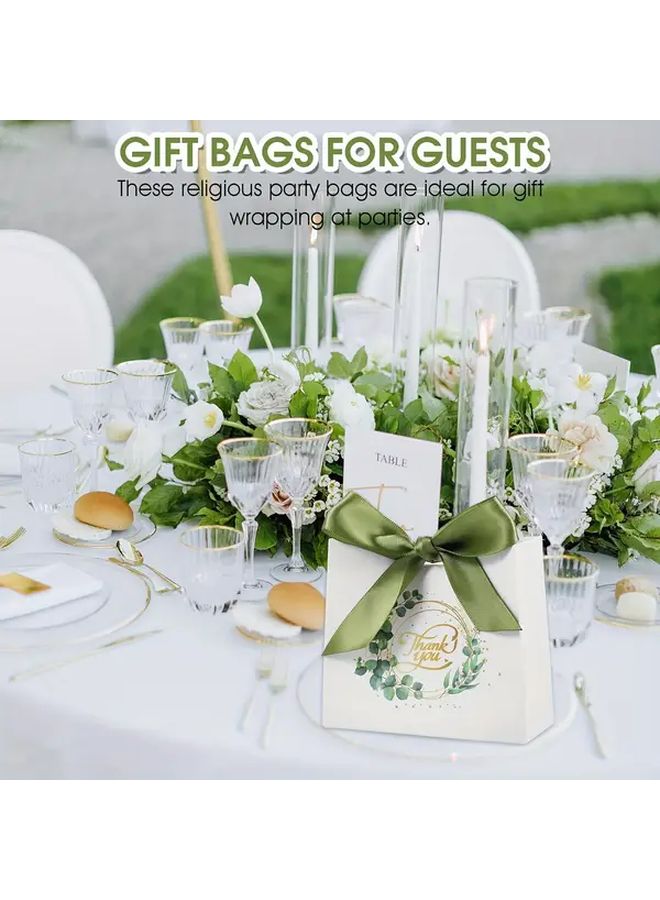 24 Elegant Green Forest Eucalyptus Leaf Gift Bags with Golden and White Ribbon for Weddings Birthdays and Teen Showers Thank You Paper Favor Boxes Multifunctional Celebration Pack with Holiday Decorations - Image 4