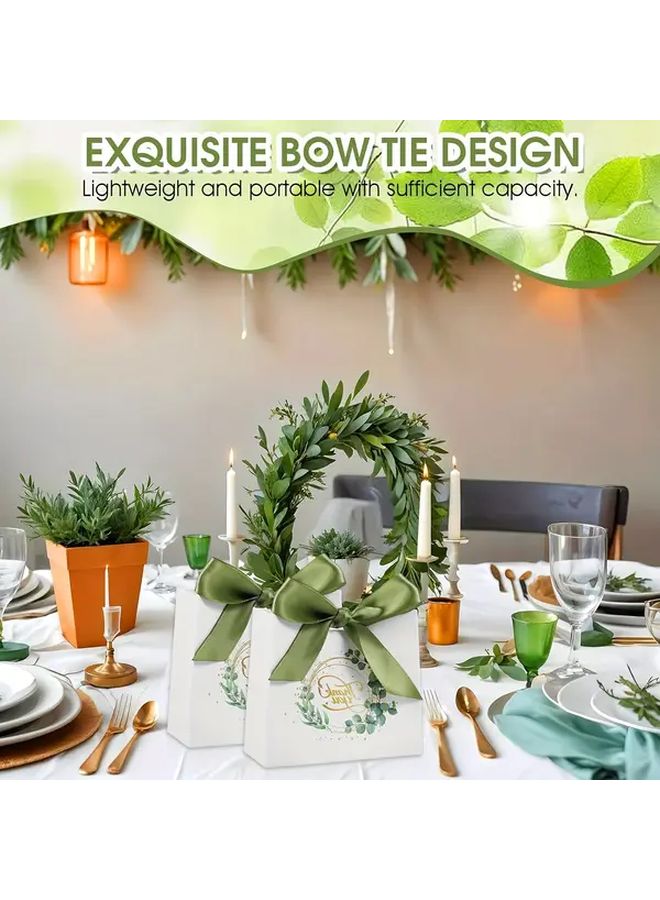 24 Elegant Green Forest Eucalyptus Leaf Gift Bags with Golden and White Ribbon for Weddings Birthdays and Teen Showers Thank You Paper Favor Boxes Multifunctional Celebration Pack with Holiday Decorations - Image 2