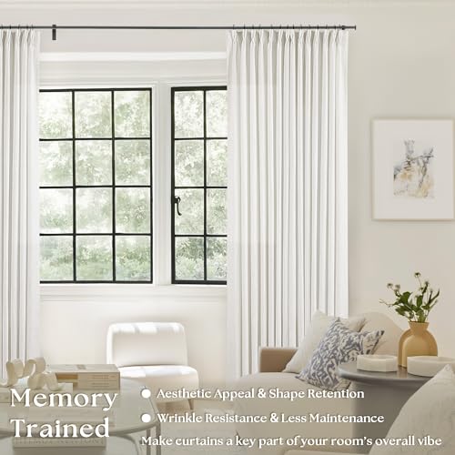 TWODRAPES Beige White Linen Curtains 108 Inches Long 2 Panels Set for Living Room Neutral Boho Thick Linen Textured Pinch Pleated Memory Shape Light Filtering Ceiling Semi Sheer Window Curtain Hook Rings Ivory - Image 2