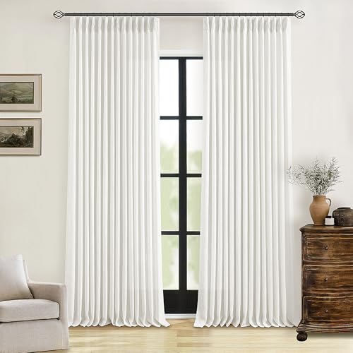 TWODRAPES Beige White Linen Curtains 108 Inches Long 2 Panels Set for Living Room Neutral Boho Thick Linen Textured Pinch Pleated Memory Shape Light Filtering Ceiling Semi Sheer Window Curtain Hook Rings Ivory - Image 1
