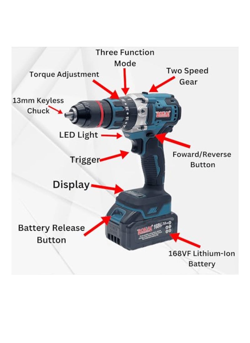BONAI 13mm Chuck Cordless Drill Set with 168VF, 7.0Ah Battery,Brushless motor, 65N·m Torque, No-load speed, Adjustable torque Settings, Multi-function drill  - Image 4