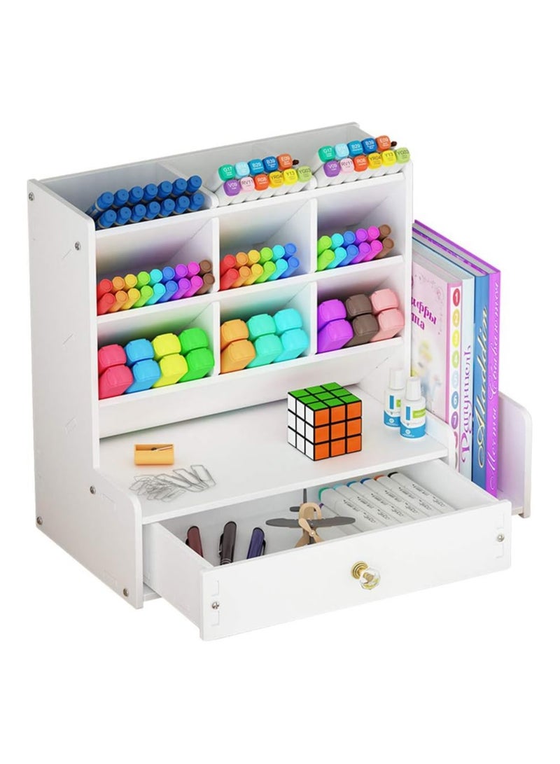 TPGP Desk Organizer with Drawer | White Large Capacity DIY Pen Holder Box | Desktop Stationery Storage Rack for Office, School, and Home - Image 1