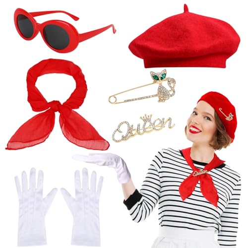 XEPST 6PCS French Women set - 50s Fancy Dress for Women with French Beret Sunglasses Scarf Gloves French Artist Mime Kit for Women Girls Halloween Costumes Cosplay Carnival Fancy Dress Up, Red, MT214 - Image 1