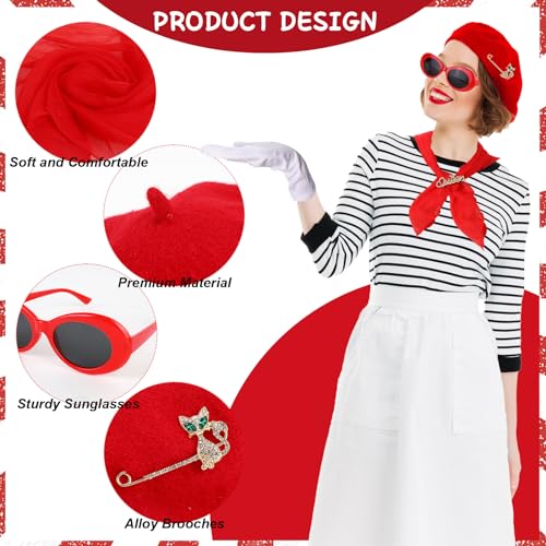XEPST 6PCS French Women set - 50s Fancy Dress for Women with French Beret Sunglasses Scarf Gloves French Artist Mime Kit for Women Girls Halloween Costumes Cosplay Carnival Fancy Dress Up, Red, MT214 - Image 3
