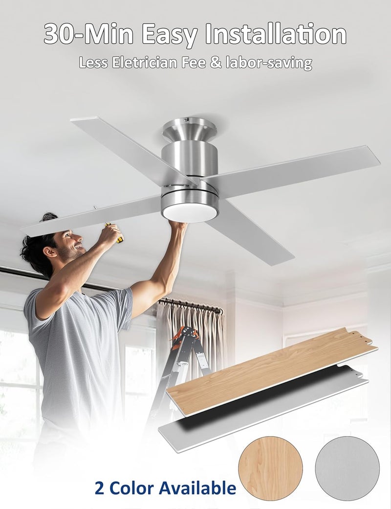 Ohniyou Ceiling Fans with Lights Flush Mount, 52 Inch Low Profile Ceiling Fan with Light, 4 Blades, 6 Speeds, Ceiling Fans with Lights and Remote for Bedroom Living Room Indoor (Nickel) - Image 3