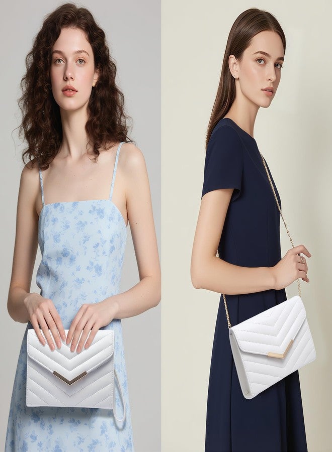 Larcenciel White Quilted Evening Clutch Bag, Elegant Envelope Vegan Leather Crossbody Purse for Women, Detachable Chain & Wristlet Strap, Formal Wedding Guest Bridal Prom Cocktail Party Handbag Wallet - Image 4
