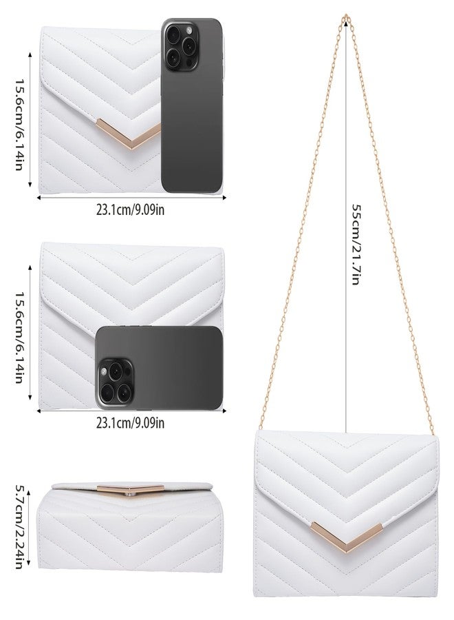 Larcenciel White Quilted Evening Clutch Bag, Elegant Envelope Vegan Leather Crossbody Purse for Women, Detachable Chain & Wristlet Strap, Formal Wedding Guest Bridal Prom Cocktail Party Handbag Wallet - Image 2