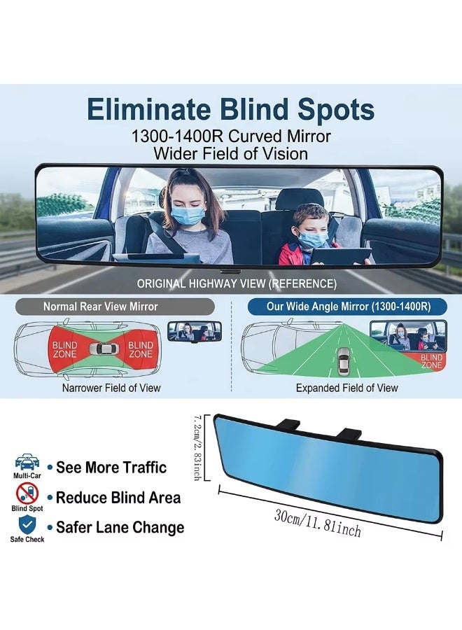 Curved Elimination Blind Spot Rearview Mirror, Universal 30cm Panoramic Rearview Mirror, Interior Clip-on Wide Angle Rear View Mirror to Reduce Blind Spot Effectively for Car SUV Trucks (Blue) - Image 3