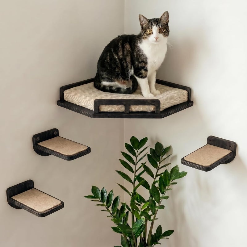 INICIO Cat Wall Shelves - Modern and Durable 3 Step Cat Furniture for Wall - Stylish Birch Floating Shelf for Cats up to 15lbs - Wooden Corner Shelves with Cushioned Perch - Black - Image 1