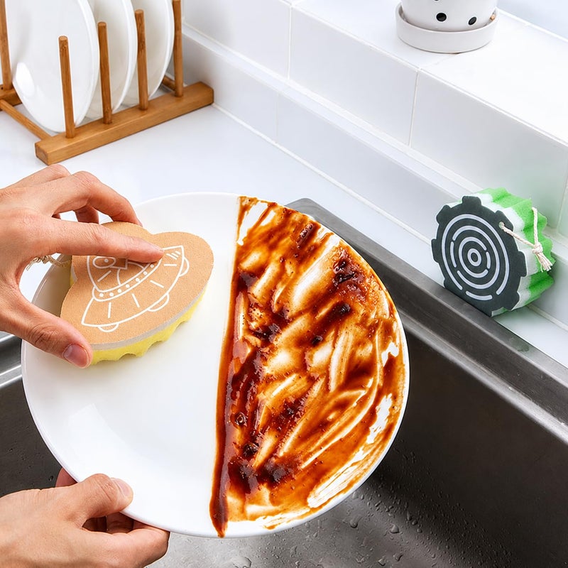 Dish Cleaning Sponge - Pack of 4 Thick Multi Layer Kitchen Scrub Sponges, Dirt & Grease Removal Pads, For Dishes, Pots, Pans, Kitchen Surfaces, Assorted color & Different Shape - Image 4